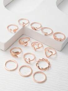 14件套女士个性化合金镂空心形、星形、箭头形戒指套装，约会礼物 - 玫瑰金 - 查看 2