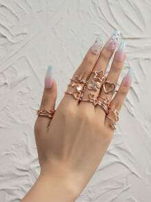 14件套女士个性化合金镂空心形、星形、箭头形戒指套装，约会礼物 - 玫瑰金 - 查看 4