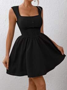 Chiquease 方領紐扣細節喇叭下擺連衣裙 - 黑色 - 查看 1