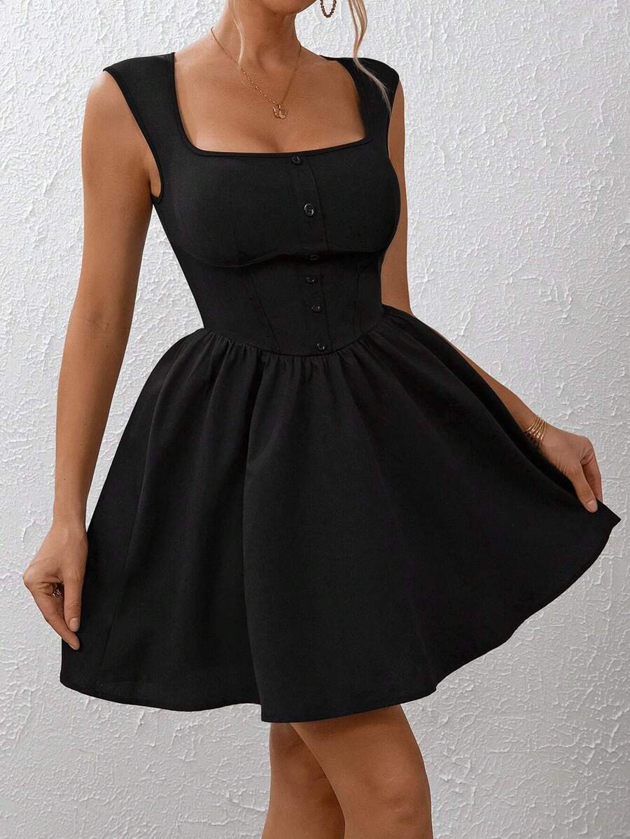 Chiquease 方領紐扣細節喇叭下擺連衣裙 - 黑色 - 查看 1