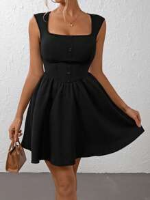 Chiquease 方領紐扣細節喇叭下擺連衣裙 - 黑色 - 查看 4