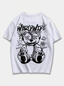 ROMWE MEN Street Life Áo phông họa tiết gấu & chữ cho nam, trường học - trắng - Xem 1