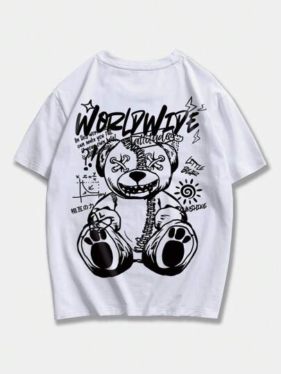 Street Life Camiseta con gráfico de oso y letra para hombres, escuela