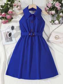 Girls Solid Button Front Halter Dress - Royal Blue - View 1
