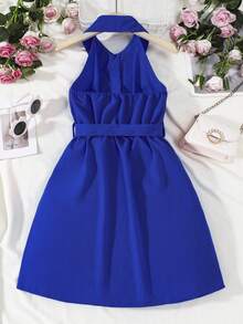 Girls Solid Button Front Halter Dress - Royal Blue - View 2