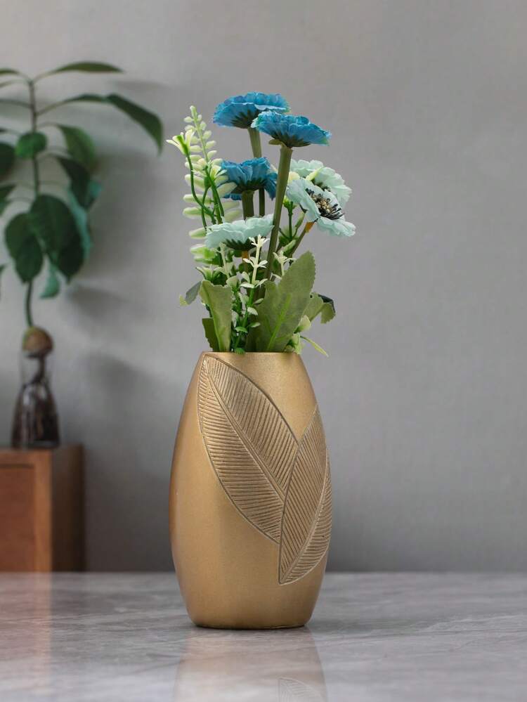 1入組合成樹脂現代葉子細節花瓶適用於家庭 - 金色 - 查看 3
