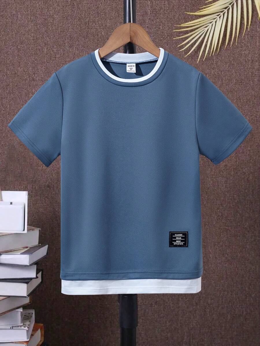 SHEIN Tween Boy Casual Color Block Patchwork Short Sleeve 2-In-1 2 In 1 T-Shirt