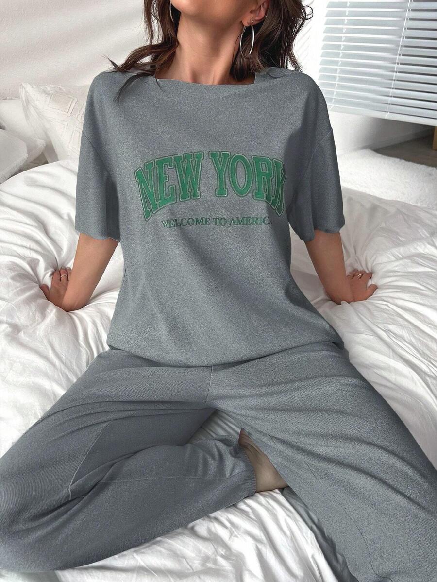 Slogan Graphic Drop Shoulder Tee & Pants Lounge Set - Dark Grey - View 1