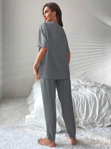 Slogan Graphic Drop Shoulder Tee & Pants Lounge Set - Dark Grey - View 2