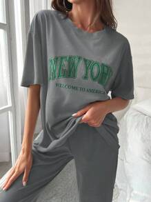 Slogan Graphic Drop Shoulder Tee & Pants Lounge Set - Dark Grey - View 3