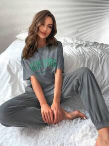 Slogan Graphic Drop Shoulder Tee & Pants Lounge Set - Dark Grey - View 6
