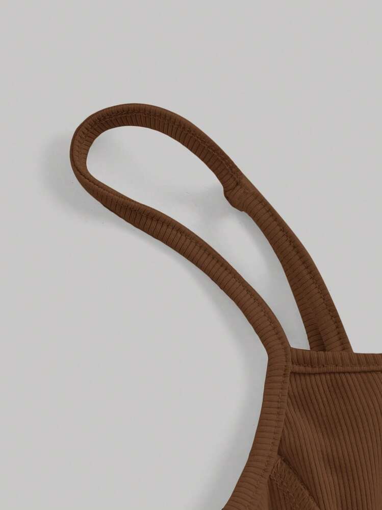 SHEIN MOD Solid Bandana Hem Cami Topstitching Spaghetti Straps Crop Women Top - Coffee Brown - View 3
