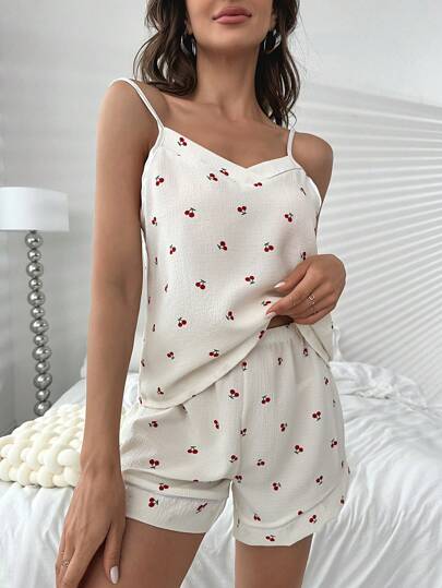 CottageSlumber 樱桃印花吊带背心和短裤 睡衣套装 / 睡衣套装