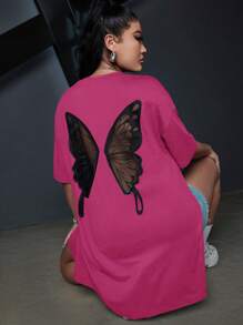 Chiquease Butterfly Print Drop Shoulder Split Hem Tee - Hot Pink - View 1