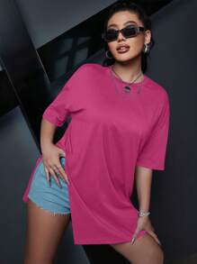 Chiquease Butterfly Print Drop Shoulder Split Hem Tee - Hot Pink - View 2