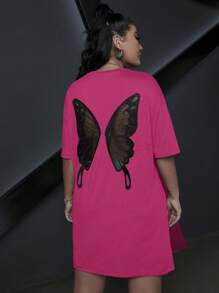 Chiquease Butterfly Print Drop Shoulder Split Hem Tee - Hot Pink - View 3