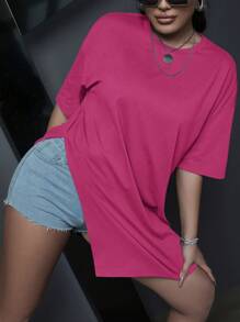 Chiquease Butterfly Print Drop Shoulder Split Hem Tee - Hot Pink - View 4