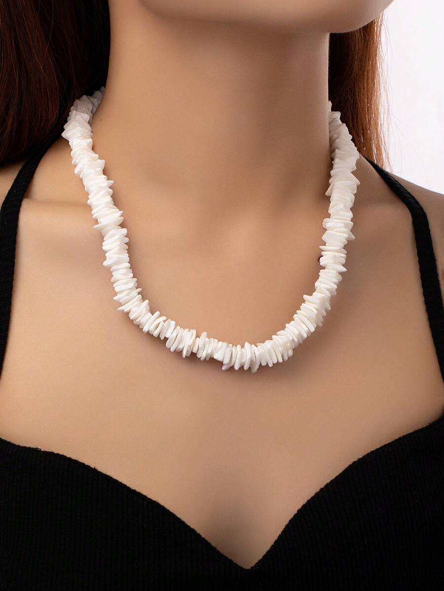 1 chiếc vòng cổ hình học bất đối xứng phong cách bãi biển đại dương châu Âu và Mỹ đính vỏ sò và đá vụn, phù hợp để phụ nữ đeo hàng ngày - trắng - Xem 1