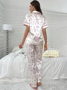 櫻桃圖案撞色滾邊緞面睡衣套裝 - 白色 - 查看 2