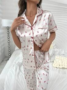 櫻桃圖案撞色滾邊緞面睡衣套裝 - 白色 - 查看 3