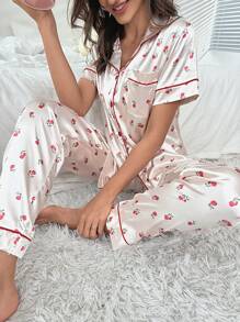 櫻桃圖案撞色滾邊緞面睡衣套裝 - 白色 - 查看 4