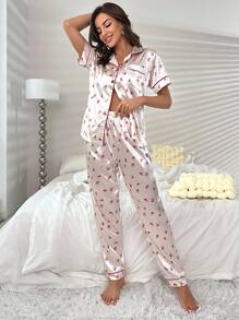 櫻桃圖案撞色滾邊緞面睡衣套裝 - 白色 - 查看 5