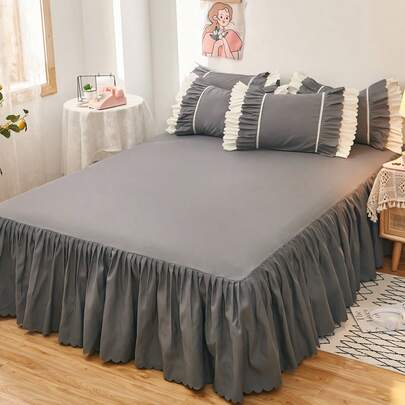Solid Color Bed Skirt, Dark Grey Ruffle Trim Bed Sheet For Bedroom