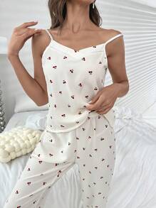 樱桃印花吊带上衣和裤子 睡衣套装 / 睡衣套装 - 米色 - 查看 3