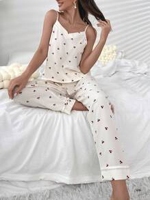 樱桃印花吊带上衣和裤子 睡衣套装 / 睡衣套装 - 米色 - 查看 4