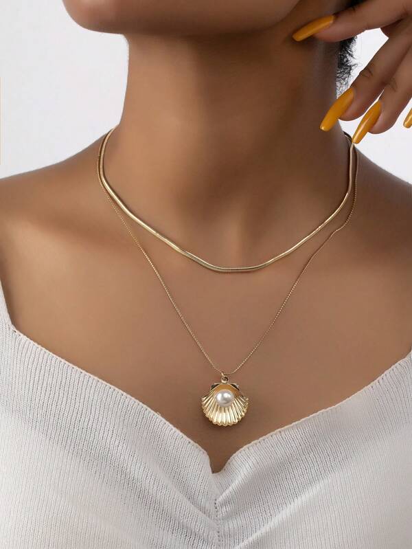 1pc Beach Style Snake Chain Multilayer Faux Pearl & Shell Necklace