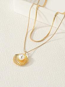1pc Beach Style Snake Chain Multilayer Faux Pearl & Shell Necklace - Yellow Gold - View 3