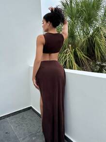 SHEIN SXY Cut Out Split Thigh Dress - Chocolate Brown - View 2