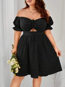 Dreamara Plus Off Shoulder Drawstring Front Cut Out Dress - Black - View 1