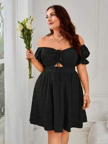 Dreamara Plus Off Shoulder Drawstring Front Cut Out Dress - Black - View 5