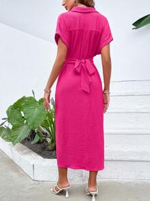 Breezaya 前扭結蝙蝠袖前排扣襯衫連衣裙 - 玫紅色 - 查看 2