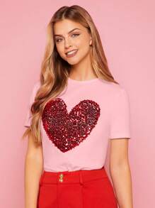 SHEIN Essnce Contrast Sequin Heart Pattern Tee - Baby Pink - View 1