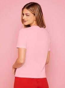 SHEIN Essnce Contrast Sequin Heart Pattern Tee - Baby Pink - View 2