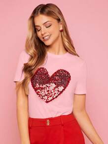 SHEIN Essnce Contrast Sequin Heart Pattern Tee - Baby Pink - View 3