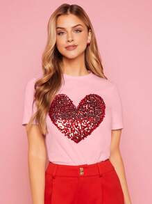 SHEIN Essnce Contrast Sequin Heart Pattern Tee - Baby Pink - View 4