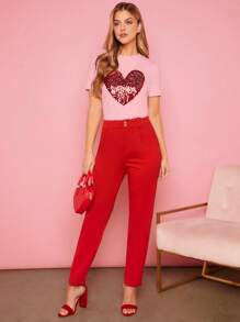 SHEIN Essnce Contrast Sequin Heart Pattern Tee - Baby Pink - View 5