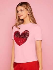 SHEIN Essnce Contrast Sequin Heart Pattern Tee - Baby Pink - View 6