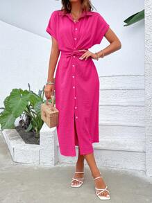 Breezaya 前扭結蝙蝠袖前排扣襯衫連衣裙 - 玫紅色 - 查看 6