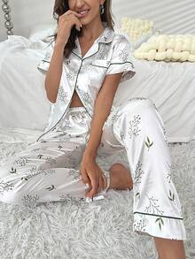 Leaf Print Contrast Piping Satin PJ Set - White - View 3