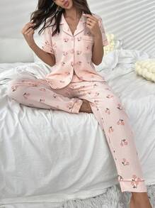 印花拼接滾邊睡衣套裝 - 粉色 - 查看 1