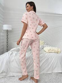 印花拼接滾邊睡衣套裝 - 粉色 - 查看 2