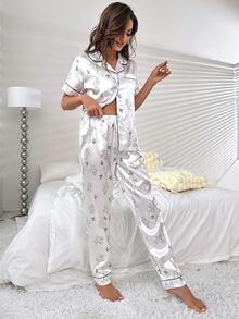 Leaf Print Contrast Piping Satin PJ Set - White - View 5