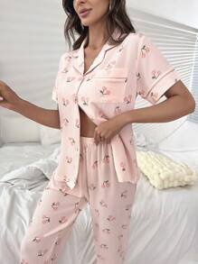 印花拼接滾邊睡衣套裝 - 粉色 - 查看 3