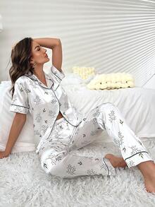 Leaf Print Contrast Piping Satin PJ Set - White - View 6