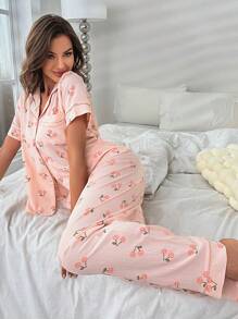 印花拼接滾邊睡衣套裝 - 粉色 - 查看 4