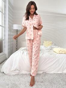 印花拼接滾邊睡衣套裝 - 粉色 - 查看 6